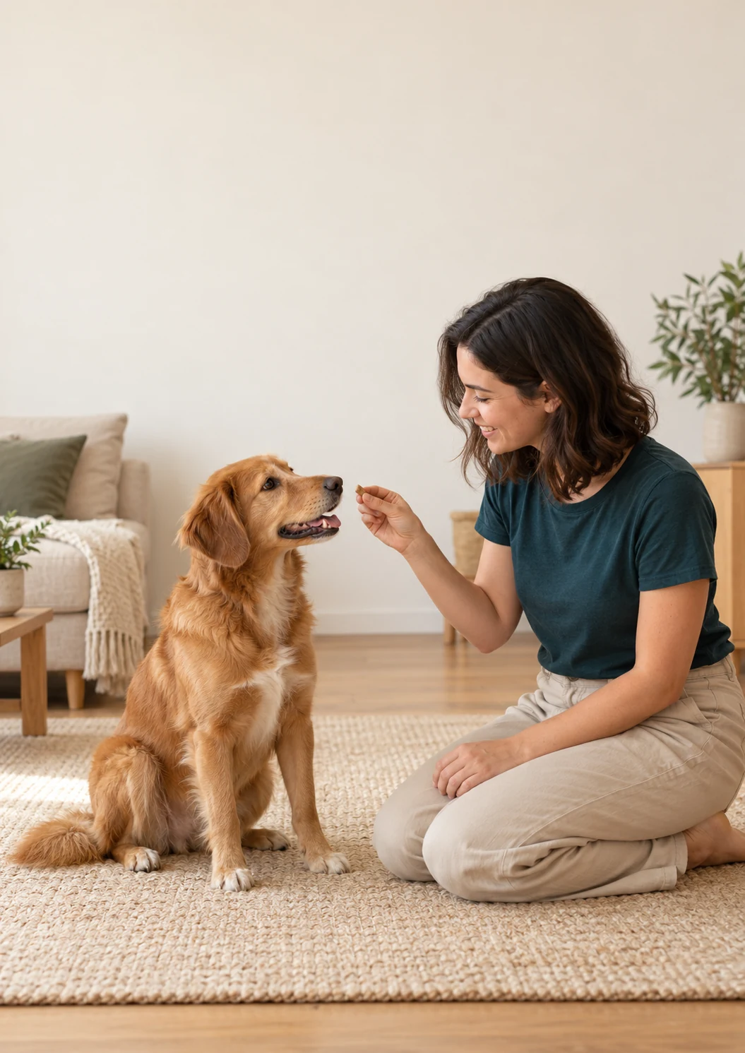 Ilustración de una tutora premiando a su perro durante una práctica tranquila en casa