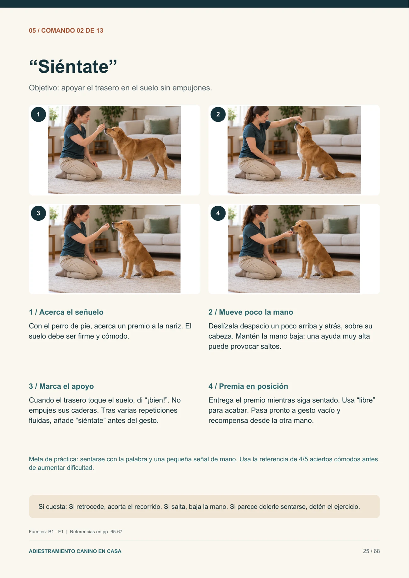 Muestra del ejercicio Siéntate con cuatro imágenes e instrucciones